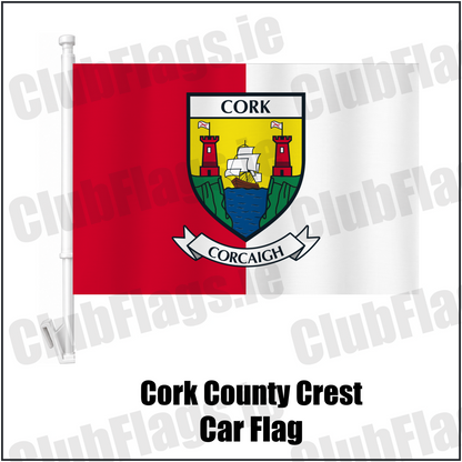 Cork county crest car flag in red and white, on a white plastic window mount.