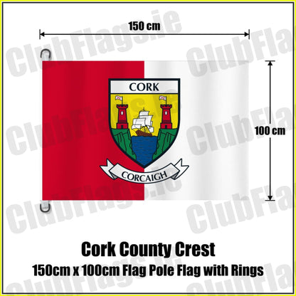 Cork county crest flag, 150 cm wide × 100 cm high, in red and white, with two dark attachment rings on white tabs and no pole.