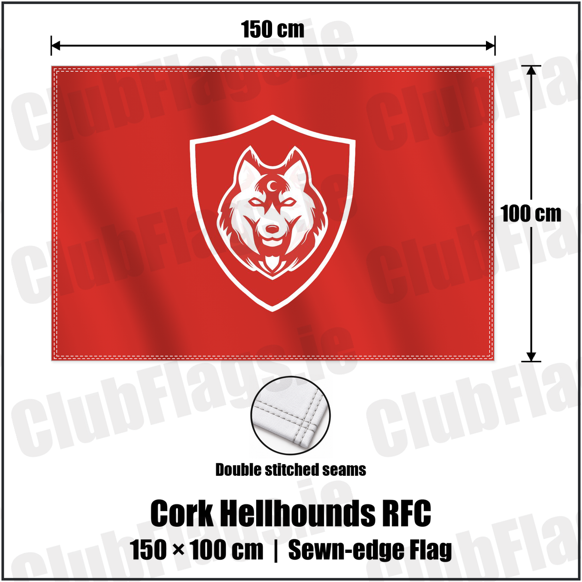 Cork Hellhounds RFC 100cm x 150cm Flag (sewn on the edges) with the club crest and colours, Cork Rugby - ClubFlags.ie