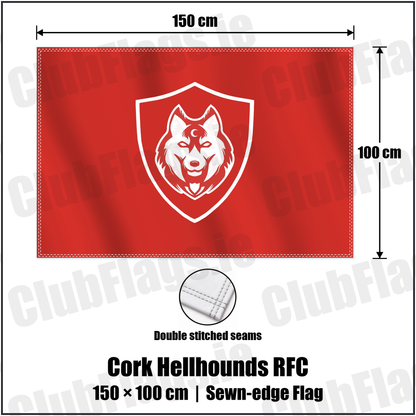 Cork Hellhounds RFC 100cm x 150cm Flag (sewn on the edges) with the club crest and colours, Cork Rugby - ClubFlags.ie