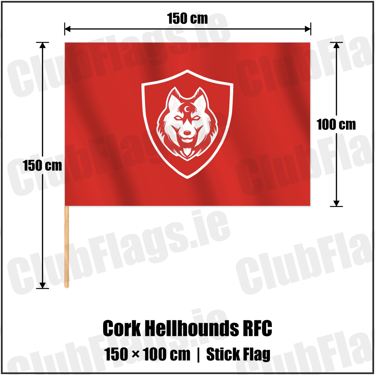 Cork Hellhounds RFC 100cm x 150cm Stick Flag with the club crest and colours, Cork Rugby - ClubFlags.ie