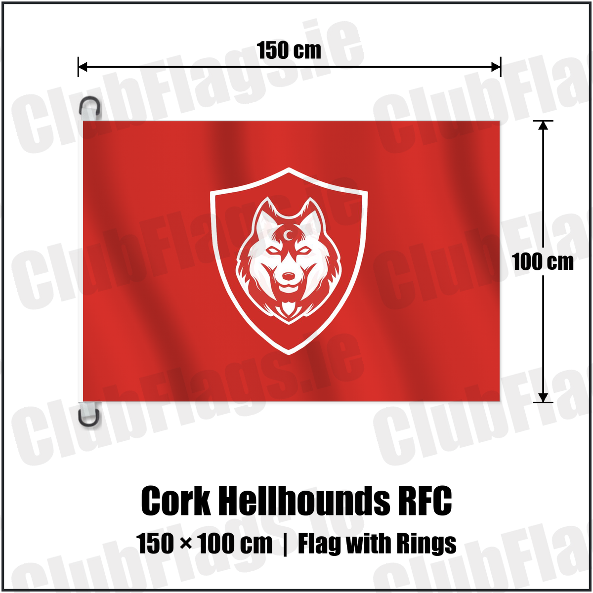 Cork Hellhounds RFC 150cm x 100cm Flag Pole Flag with Rings with the club crest and colours, Cork Rugby - ClubFlags.ie