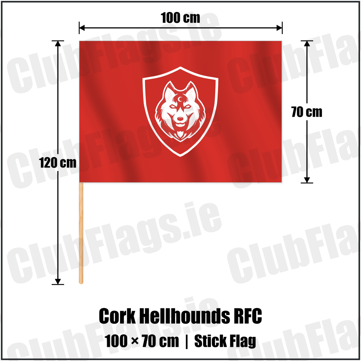 Cork Hellhounds RFC 70cm x 100cm Stick Flag with the club crest and colours, Cork Rugby - ClubFlags.ie