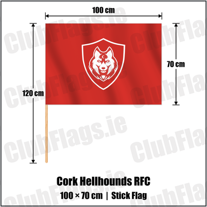 Cork Hellhounds RFC 70cm x 100cm Stick Flag with the club crest and colours, Cork Rugby - ClubFlags.ie