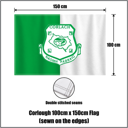Corlough 100cm x 150cm Flag (sewn on the edges), featuring the club crest and green and white colours; County Cavan GAA. ClubFlags.ie.