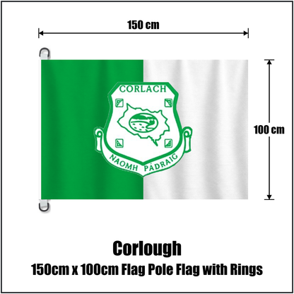 Corlough 150cm x 100cm Flag Pole Flag with Rings, featuring the club crest and green and white colours; County Cavan GAA. ClubFlags.ie.