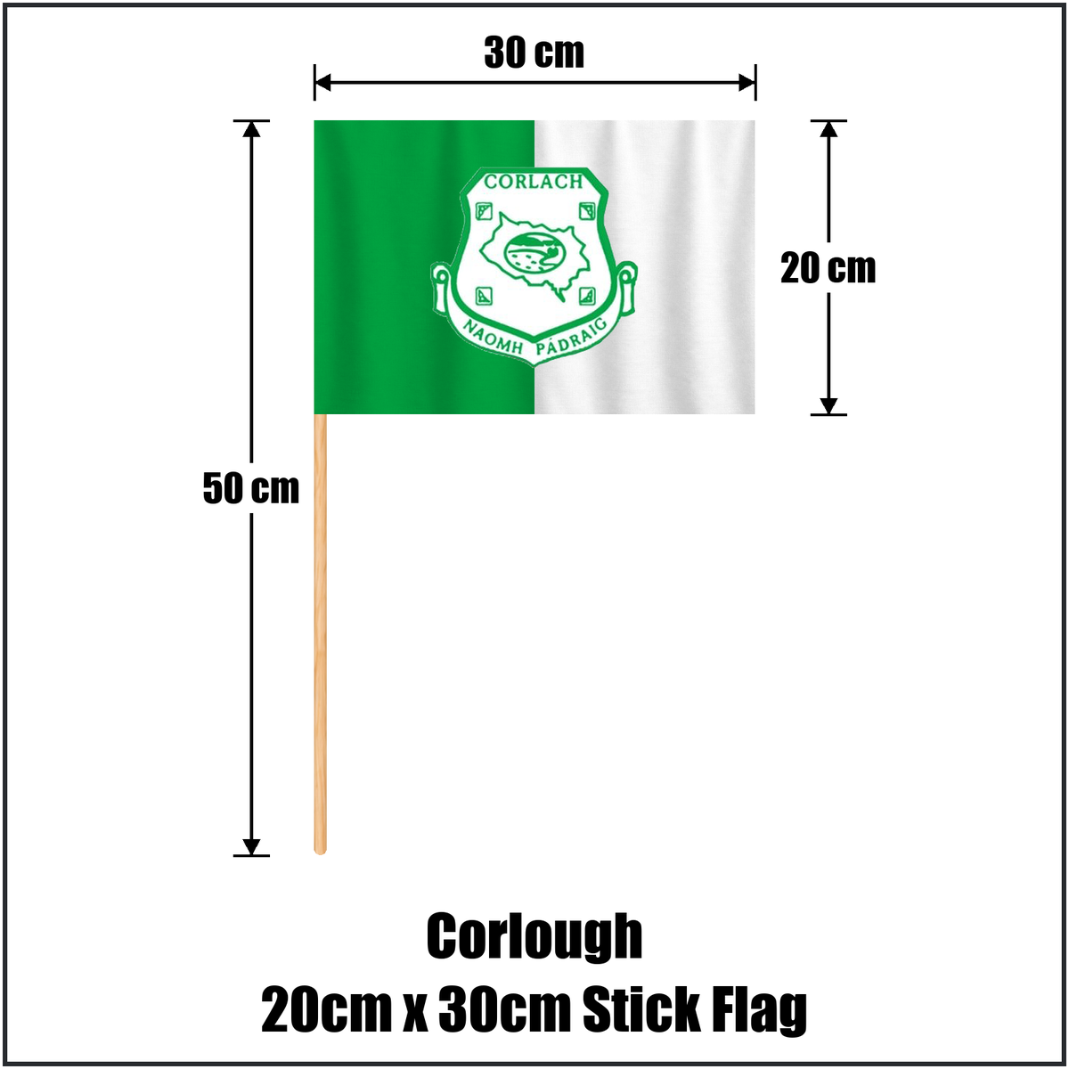 Corlough 20cm x 30cm Stick Flag, featuring the club crest and green and white colours; County Cavan GAA. ClubFlags.ie.