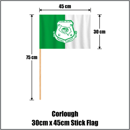 Corlough 30cm x 45cm Stick Flag, featuring the club crest and green and white colours; County Cavan GAA. ClubFlags.ie.