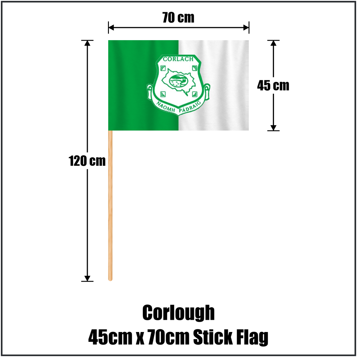 Corlough 45cm x 70cm Stick Flag, featuring the club crest and green and white colours; County Cavan GAA. ClubFlags.ie.