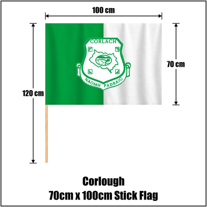 Corlough 70cm x 100cm Stick Flag, featuring the club crest and green and white colours; County Cavan GAA. ClubFlags.ie.