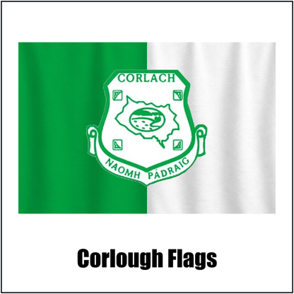 Corlough Flags, featuring the club crest and green and white colours; County Cavan GAA. ClubFlags.ie.