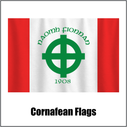 Cornafean Flags, featuring the club crest and red and white colours; County Cavan GAA. ClubFlags.ie.
