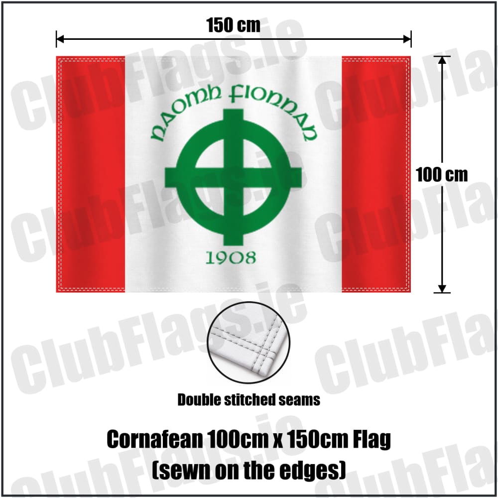 Cornafean 100cm x 150cm Flag (sewn on the edges) in red and white, featuring the club crest on realistic fabric with gentle vertical folds; County Cavan GAA. ClubFlags.ie.