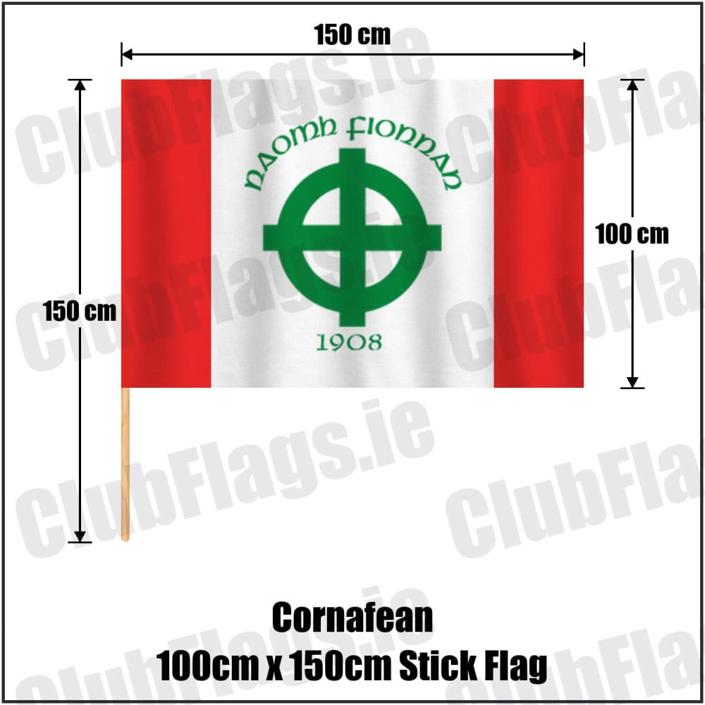 Cornafean 100cm x 150cm Stick Flag in red and white, featuring the club crest on realistic fabric with gentle vertical folds; County Cavan GAA. ClubFlags.ie.