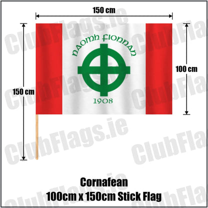 Cornafean 100cm x 150cm Stick Flag in red and white, featuring the club crest on realistic fabric with gentle vertical folds; County Cavan GAA. ClubFlags.ie.