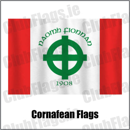 Cornafean Flags in red and white, featuring the club crest on realistic fabric with gentle vertical folds; County Cavan GAA. ClubFlags.ie.