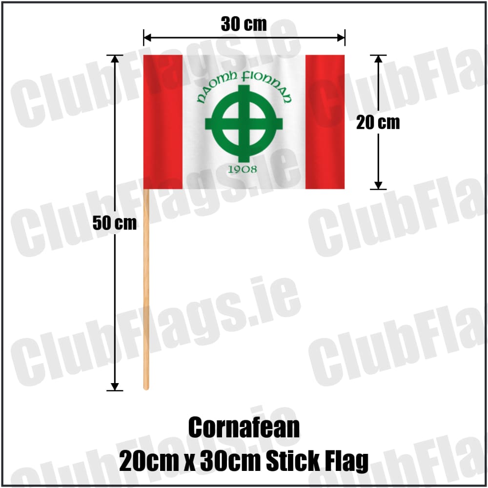 Cornafean 20cm x 30cm Stick Flag in red and white, featuring the club crest on realistic fabric with gentle vertical folds; County Cavan GAA. ClubFlags.ie.