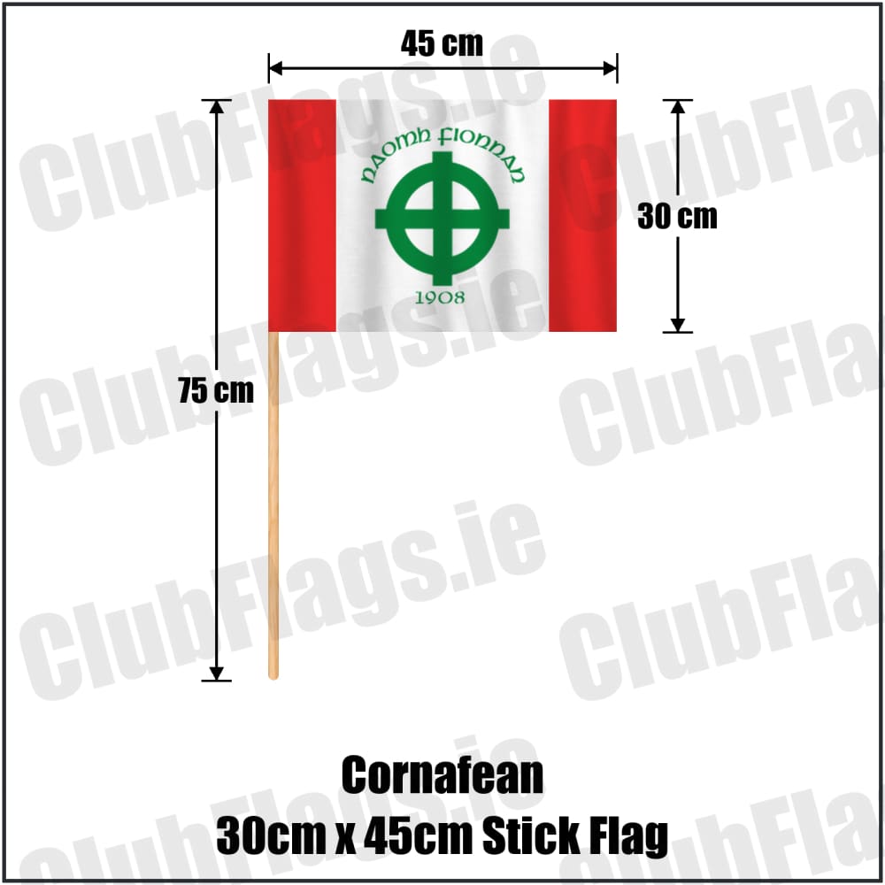 Cornafean 30cm x 45cm Stick Flag in red and white, featuring the club crest on realistic fabric with gentle vertical folds; County Cavan GAA. ClubFlags.ie.