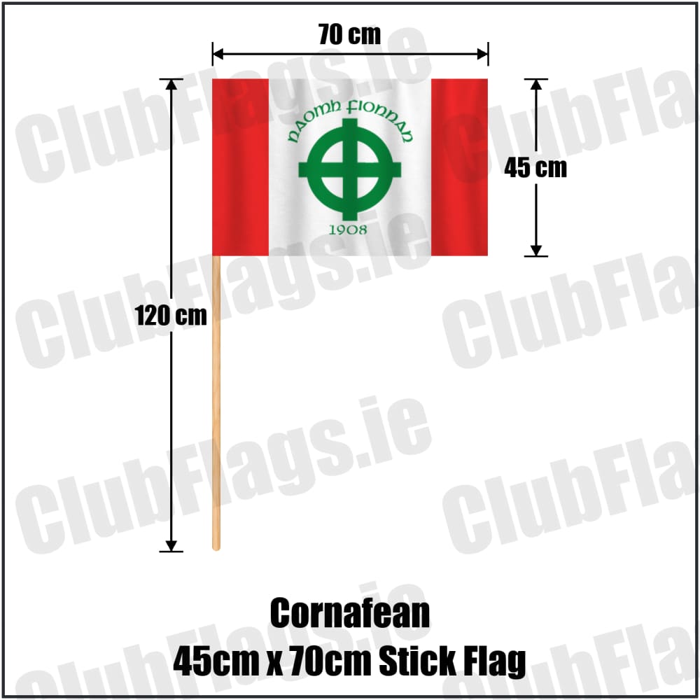 Cornafean 45cm x 70cm Stick Flag in red and white, featuring the club crest on realistic fabric with gentle vertical folds; County Cavan GAA. ClubFlags.ie.