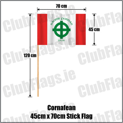 Cornafean 45cm x 70cm Stick Flag in red and white, featuring the club crest on realistic fabric with gentle vertical folds; County Cavan GAA. ClubFlags.ie.