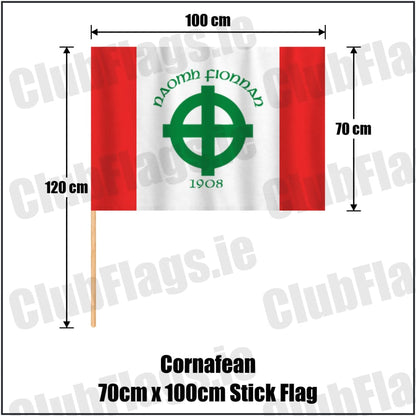 Cornafean 70cm x 100cm Stick Flag in red and white, featuring the club crest on realistic fabric with gentle vertical folds; County Cavan GAA. ClubFlags.ie.