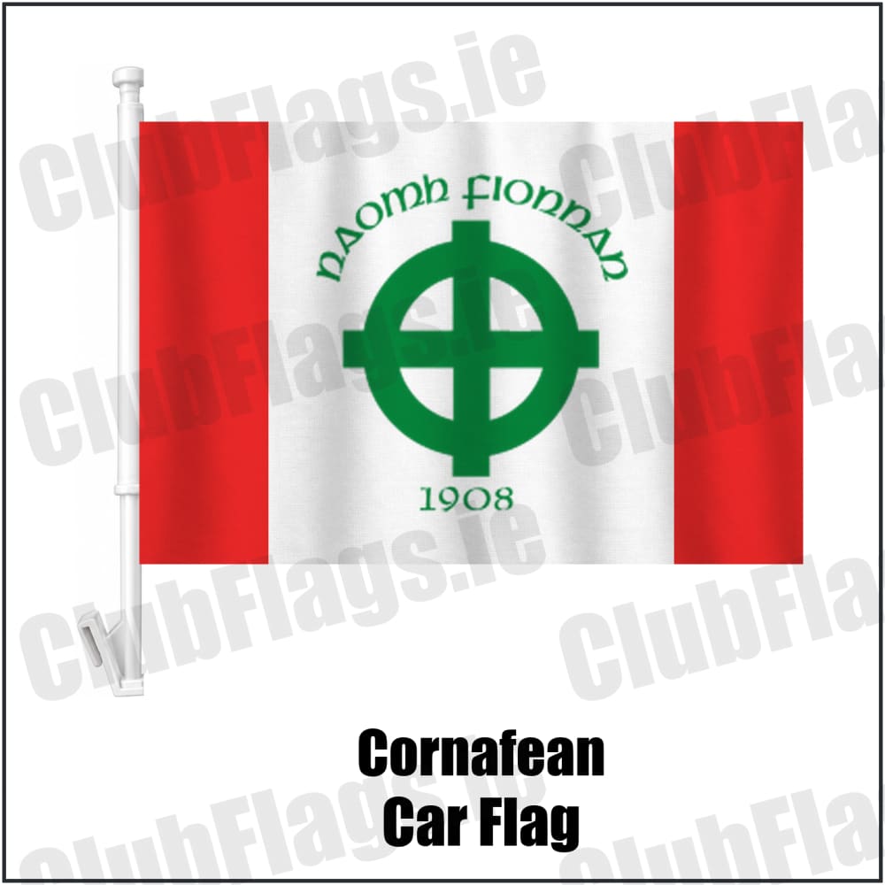 Cornafean Car Flag in red and white, featuring the club crest on realistic fabric with gentle vertical folds; County Cavan GAA. ClubFlags.ie.