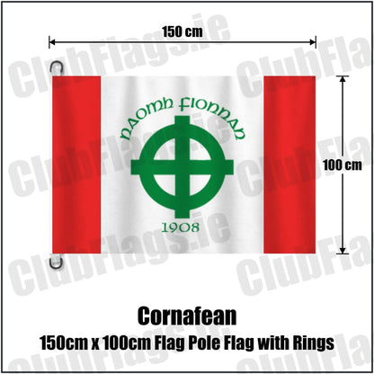 Cornafean 150cm x 100cm Flag Pole Flag with Rings in red and white, featuring the club crest on realistic fabric with gentle vertical folds; County Cavan GAA. ClubFlags.ie.