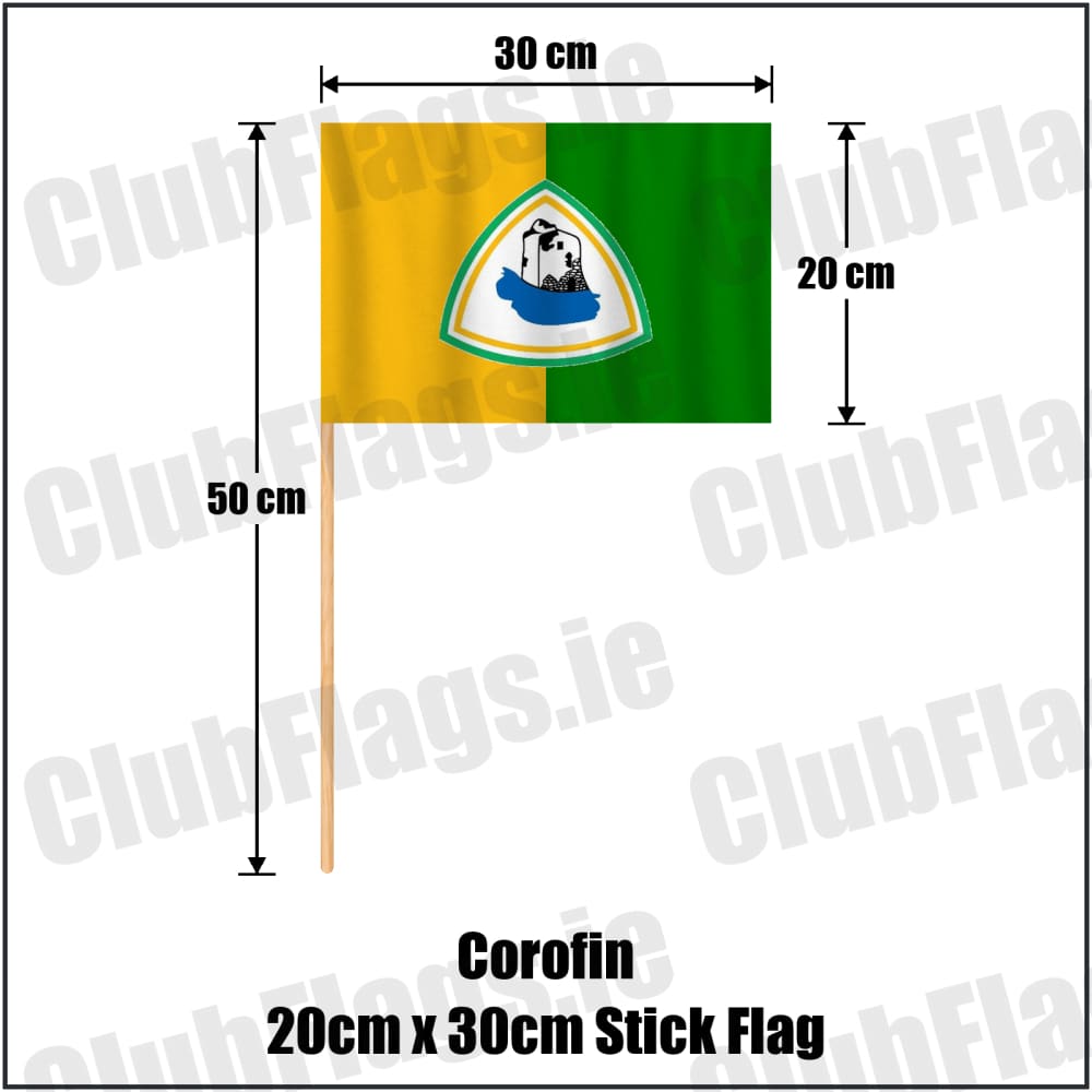 Corofin 20cm x 30cm Stick Flag in yellow and green, featuring the club crest on realistic fabric with gentle vertical folds; County Galway GAA. ClubFlags.ie.