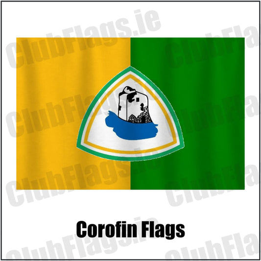 Corofin Flags in yellow and green, featuring the club crest on realistic fabric with gentle vertical folds; County Galway GAA. ClubFlags.ie.