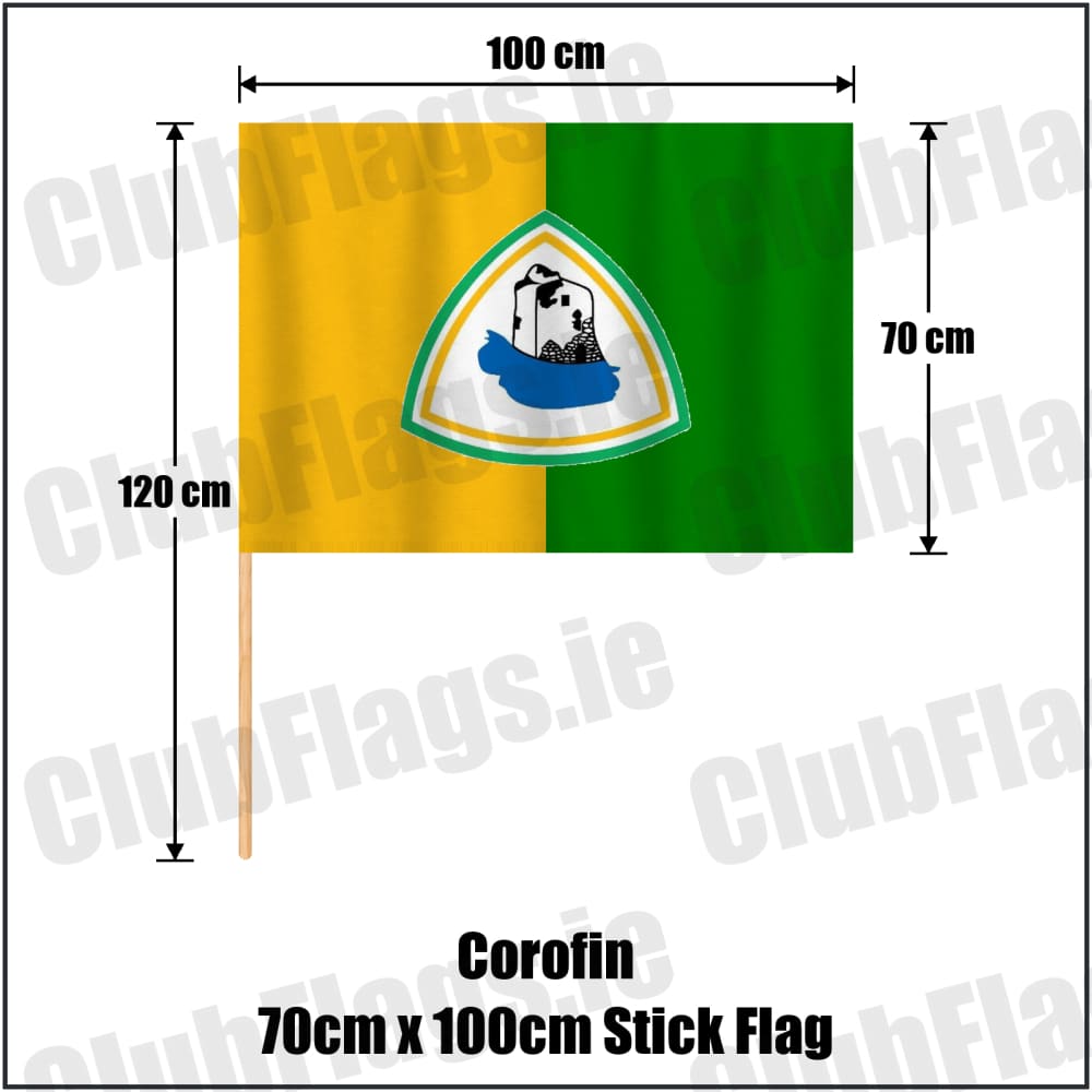 Corofin 70cm x 100cm Stick Flag in yellow and green, featuring the club crest on realistic fabric with gentle vertical folds; County Galway GAA. ClubFlags.ie.