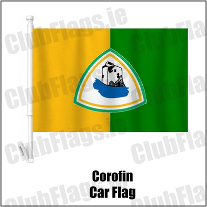 Corofin Car Flag in yellow and green, featuring the club crest on realistic fabric with gentle vertical folds; County Galway GAA. ClubFlags.ie.