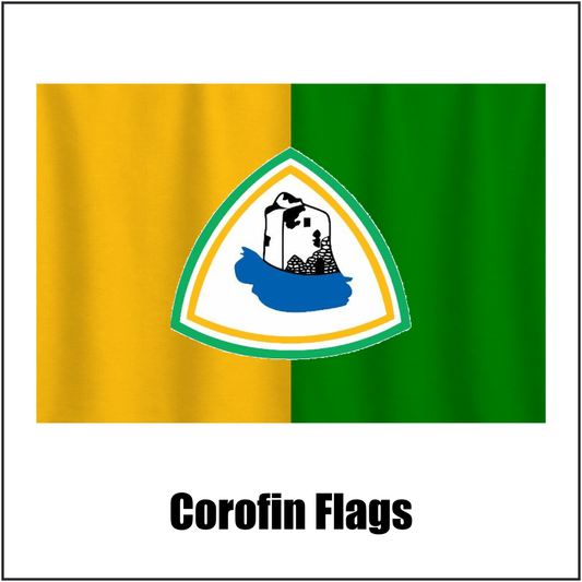 Corofin Flags, featuring the club crest and yellow and green colours; County Galway GAA. ClubFlags.ie.