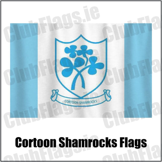 Cortoon Shamrocks Flags in sky blue and white, featuring the club crest on realistic fabric with gentle vertical folds; County Galway GAA. ClubFlags.ie.
