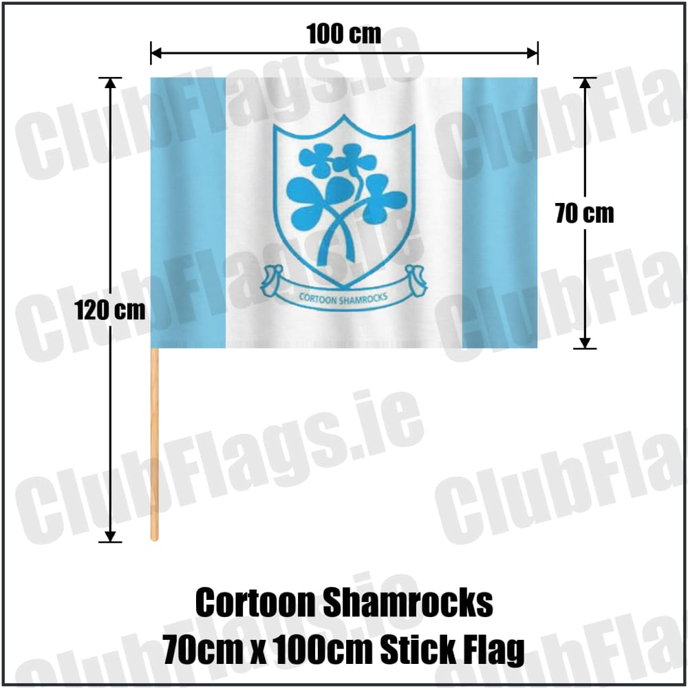 Cortoon Shamrocks 70cm x 100cm Stick Flag in sky blue and white, featuring the club crest on realistic fabric with gentle vertical folds; County Galway GAA. ClubFlags.ie.