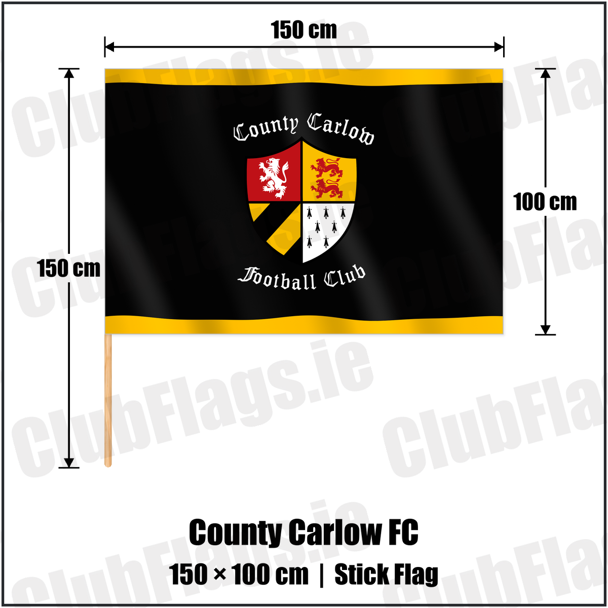 County Carlow FC 100cm x 150cm Stick Flag with the club crest and colours, Carlow Rugby - ClubFlags.ie