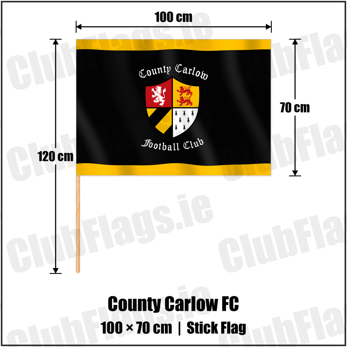 County Carlow FC 70cm x 100cm Stick Flag with the club crest and colours, Carlow Rugby - ClubFlags.ie