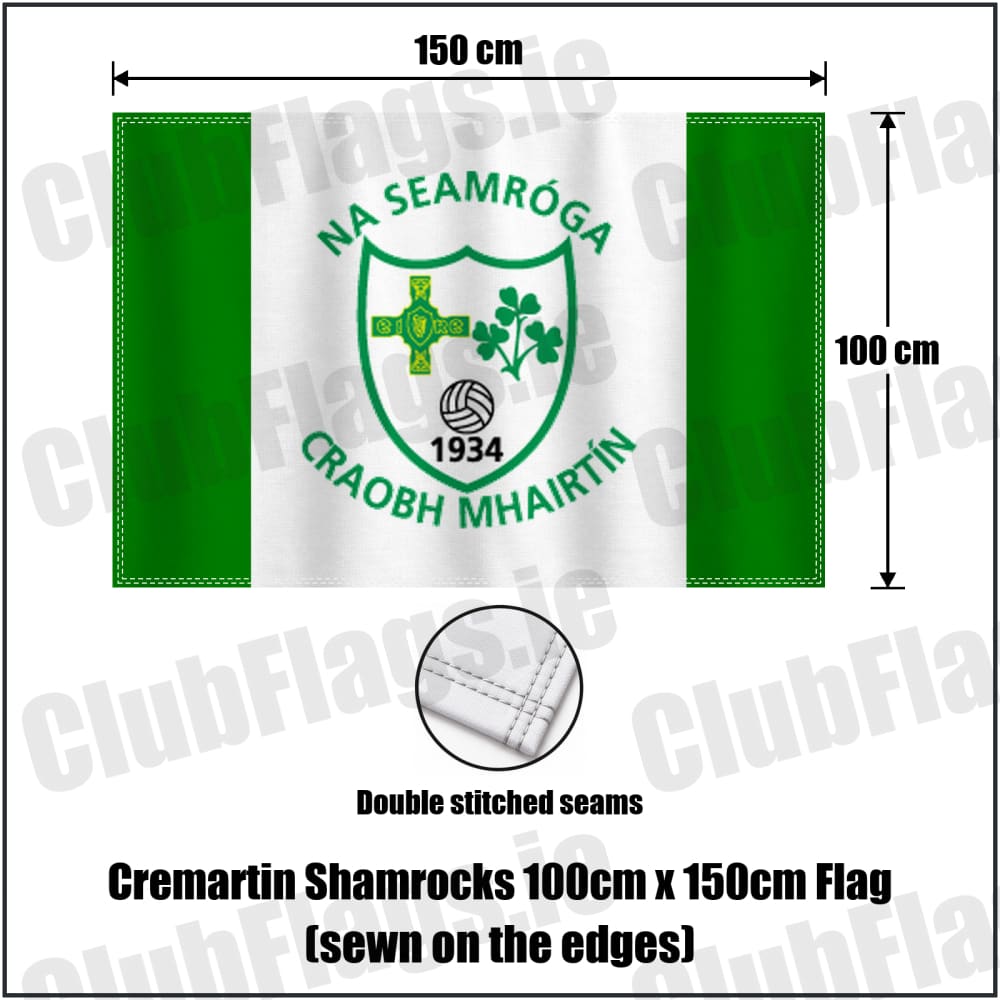 Cremartin Shamrocks 100cm x 150cm Flag (sewn on the edges) in green and white, featuring the club crest on realistic fabric with gentle vertical folds; County Monaghan GAA. ClubFlags.ie.
