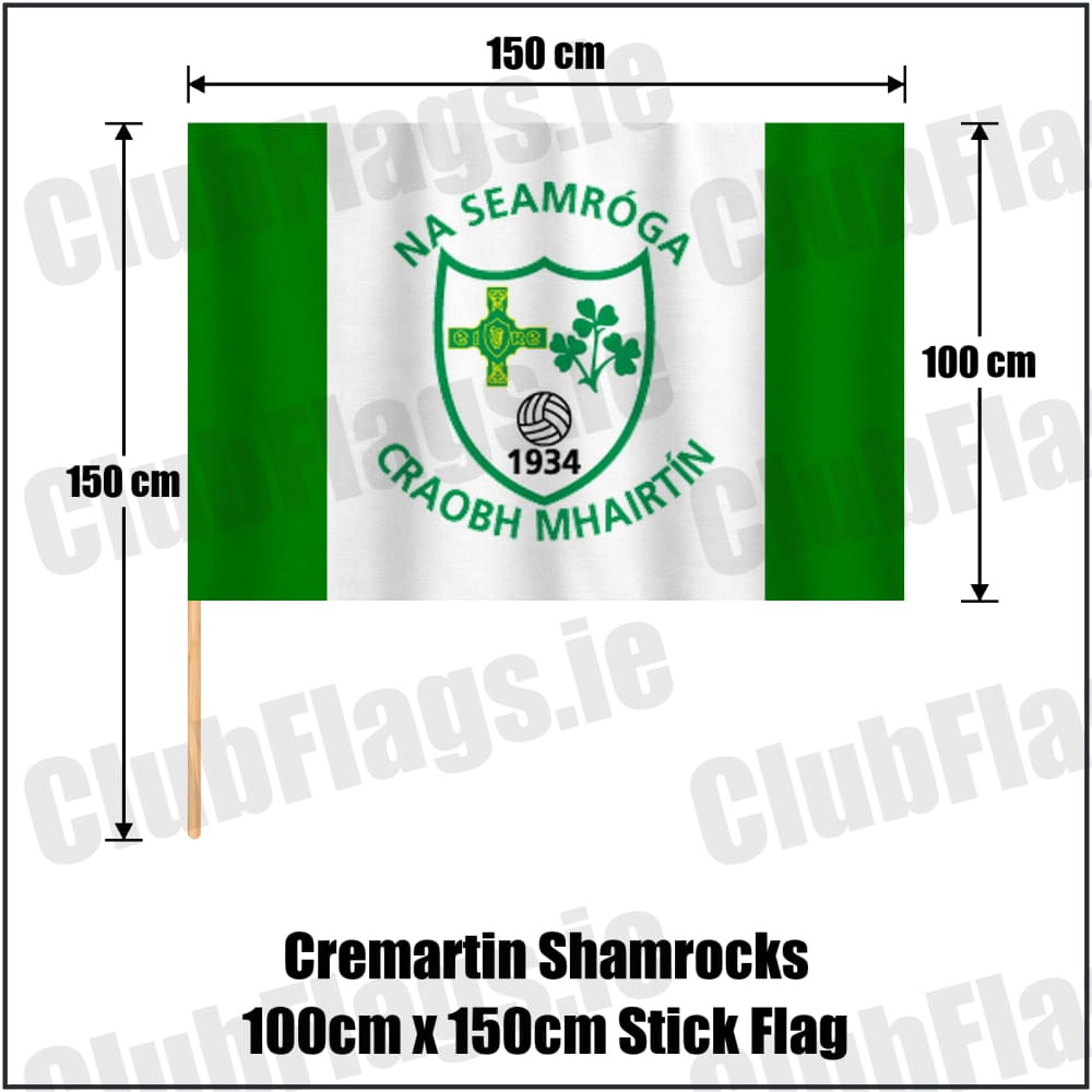 Cremartin Shamrocks 100cm x 150cm Stick Flag in green and white, featuring the club crest on realistic fabric with gentle vertical folds; County Monaghan GAA. ClubFlags.ie.