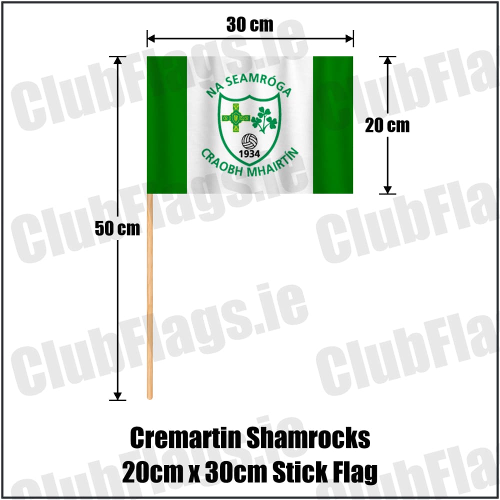 Cremartin Shamrocks 20cm x 30cm Stick Flag in green and white, featuring the club crest on realistic fabric with gentle vertical folds; County Monaghan GAA. ClubFlags.ie.