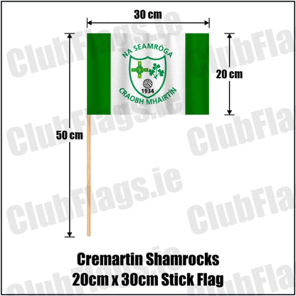 Cremartin Shamrocks 20cm x 30cm Stick Flag in green and white, featuring the club crest on realistic fabric with gentle vertical folds; County Monaghan GAA. ClubFlags.ie.