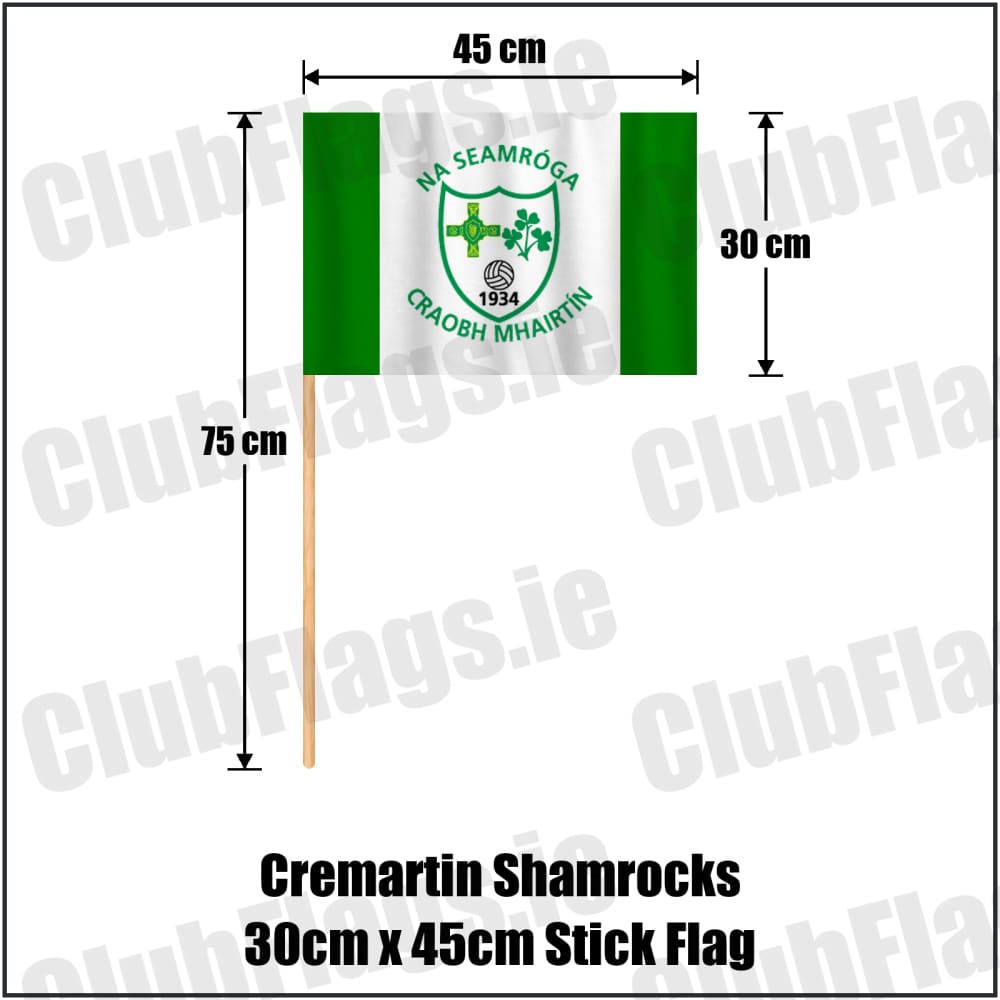 Cremartin Shamrocks 30cm x 45cm Stick Flag in green and white, featuring the club crest on realistic fabric with gentle vertical folds; County Monaghan GAA. ClubFlags.ie.