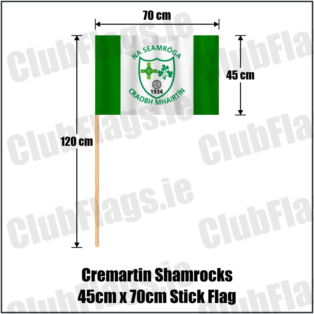 Cremartin Shamrocks 45cm x 70cm Stick Flag in green and white, featuring the club crest on realistic fabric with gentle vertical folds; County Monaghan GAA. ClubFlags.ie.