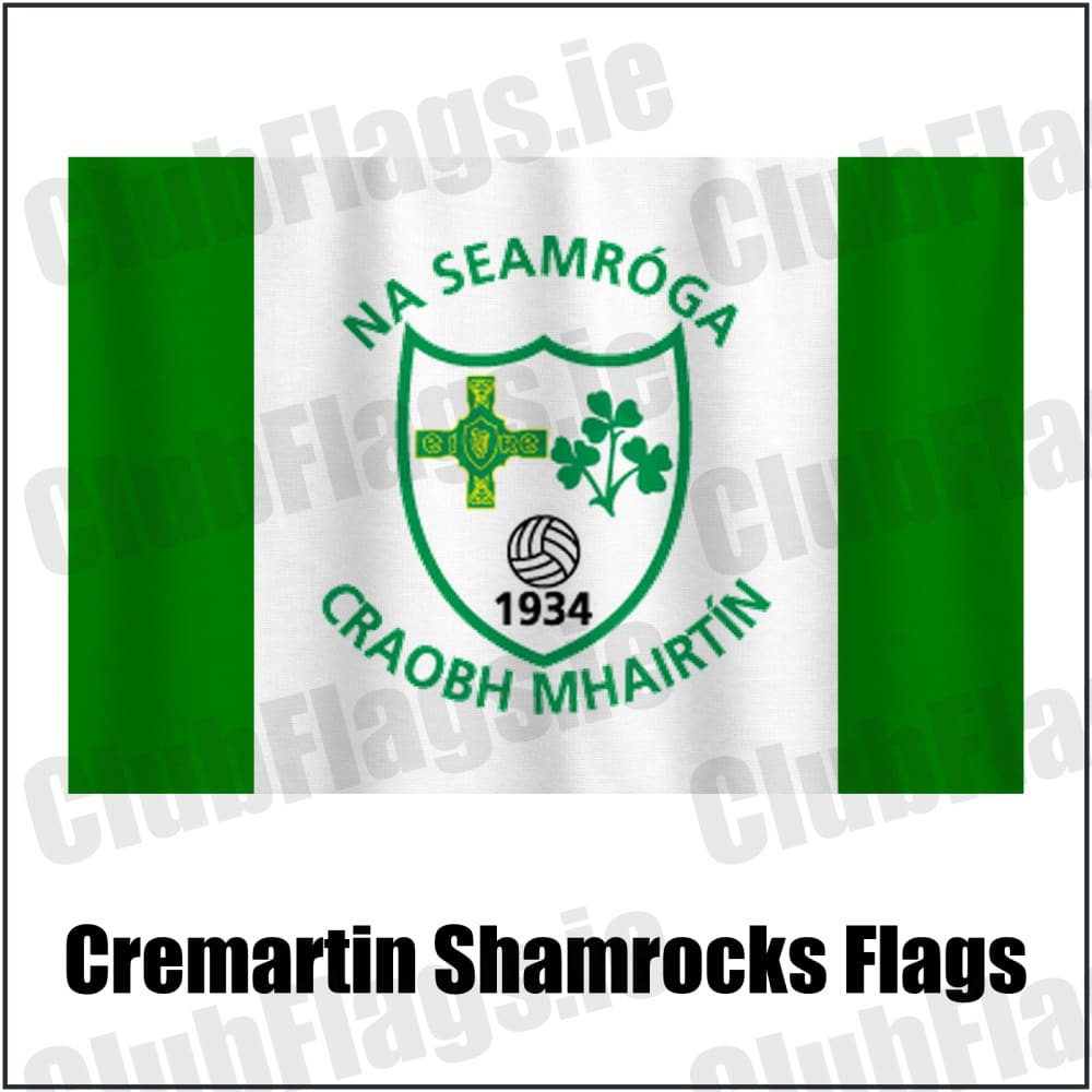 Cremartin Shamrocks Flags in green and white, featuring the club crest on realistic fabric with gentle vertical folds; County Monaghan GAA. ClubFlags.ie.
