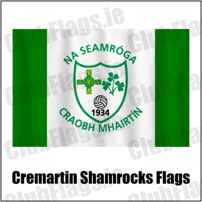 Cremartin Shamrocks Flags in green and white, featuring the club crest on realistic fabric with gentle vertical folds; County Monaghan GAA. ClubFlags.ie.