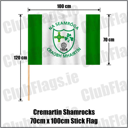 Cremartin Shamrocks 70cm x 100cm Stick Flag in green and white, featuring the club crest on realistic fabric with gentle vertical folds; County Monaghan GAA. ClubFlags.ie.