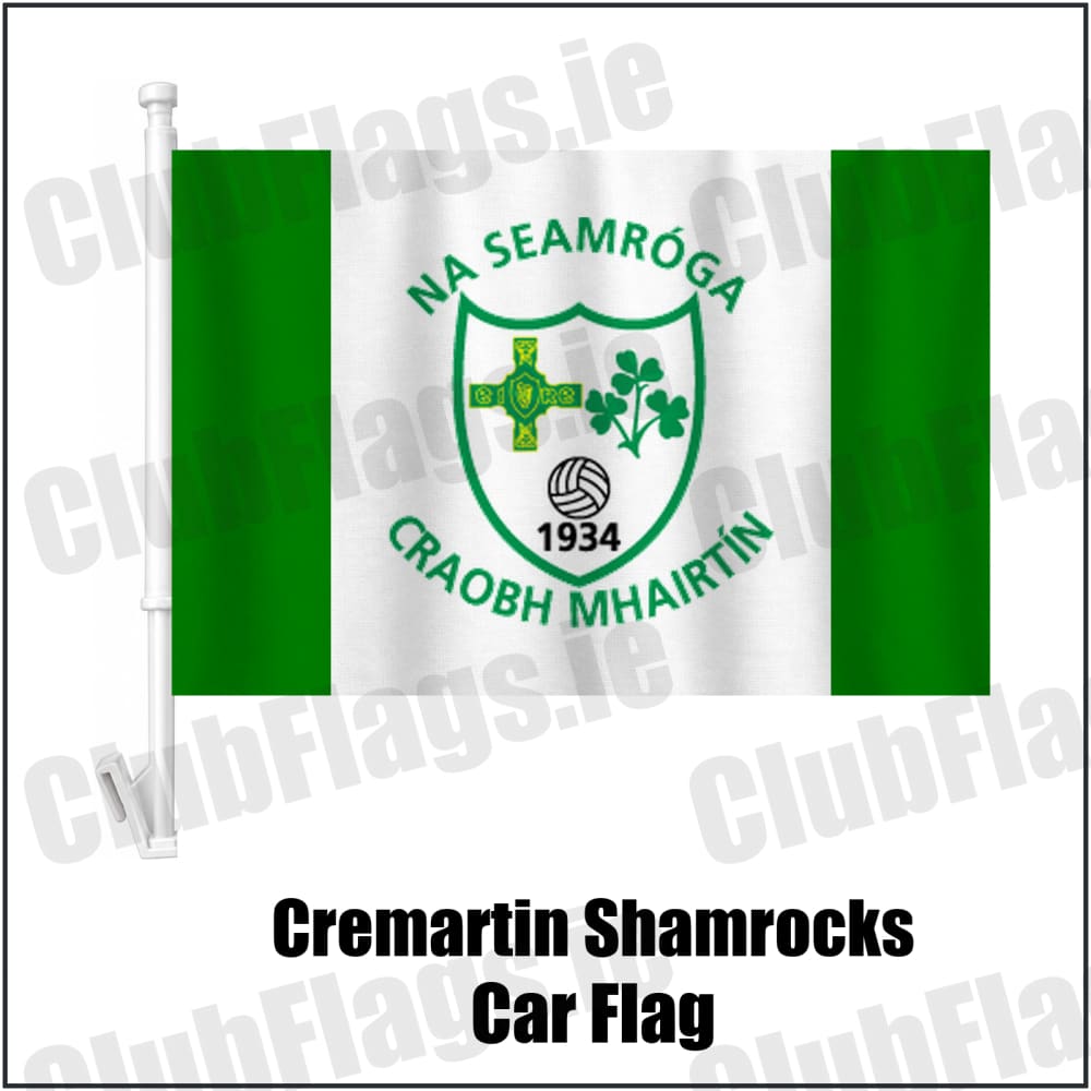 Cremartin Shamrocks Car Flag in green and white, featuring the club crest on realistic fabric with gentle vertical folds; County Monaghan GAA. ClubFlags.ie.