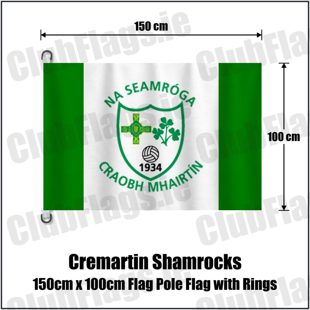 Cremartin Shamrocks 150cm x 100cm Flag Pole Flag with Rings in green and white, featuring the club crest on realistic fabric with gentle vertical folds; County Monaghan GAA. ClubFlags.ie.