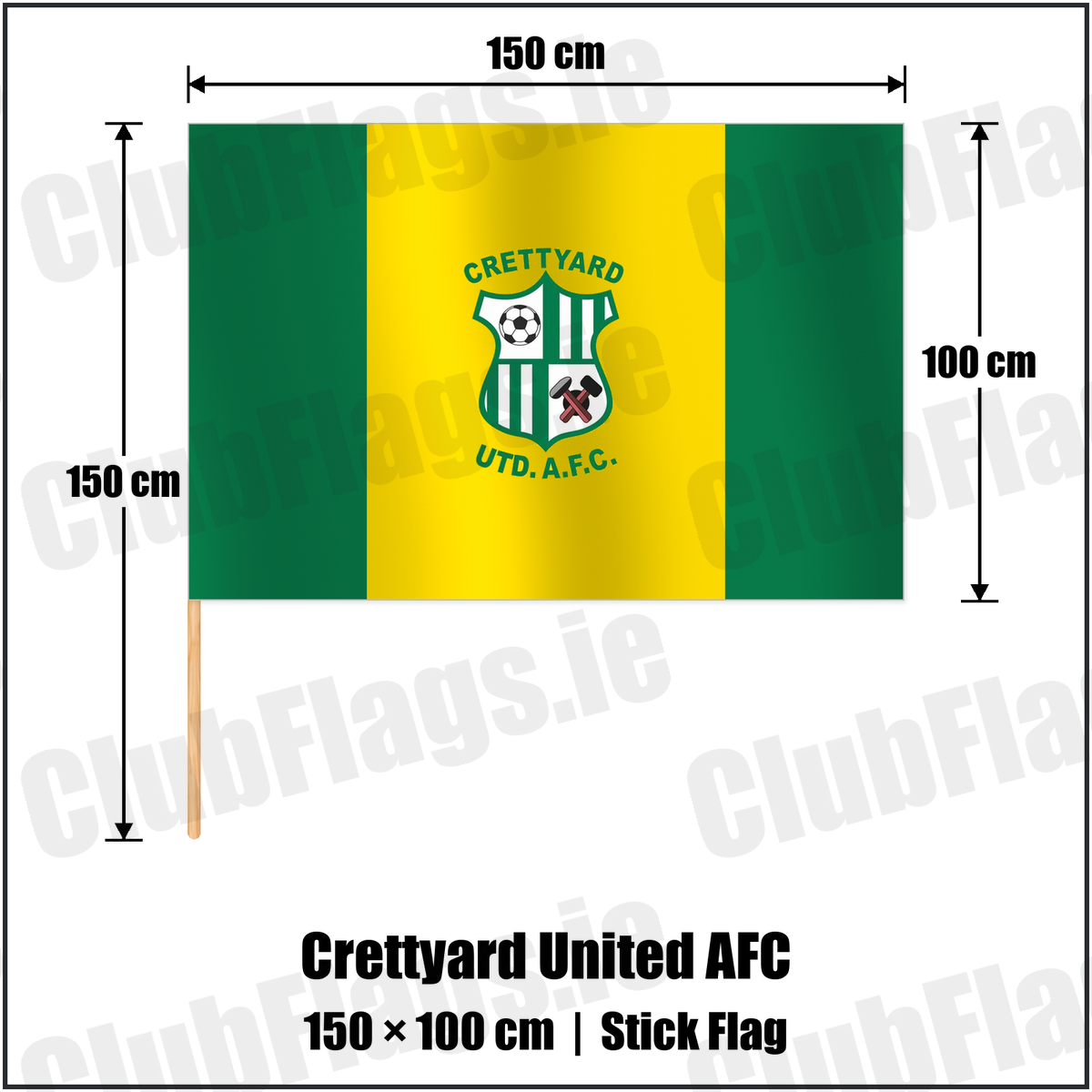 Crettyard United AFC 100cm x 150cm Stick Flag with the club crest and colours, Carlow football - ClubFlags.ie