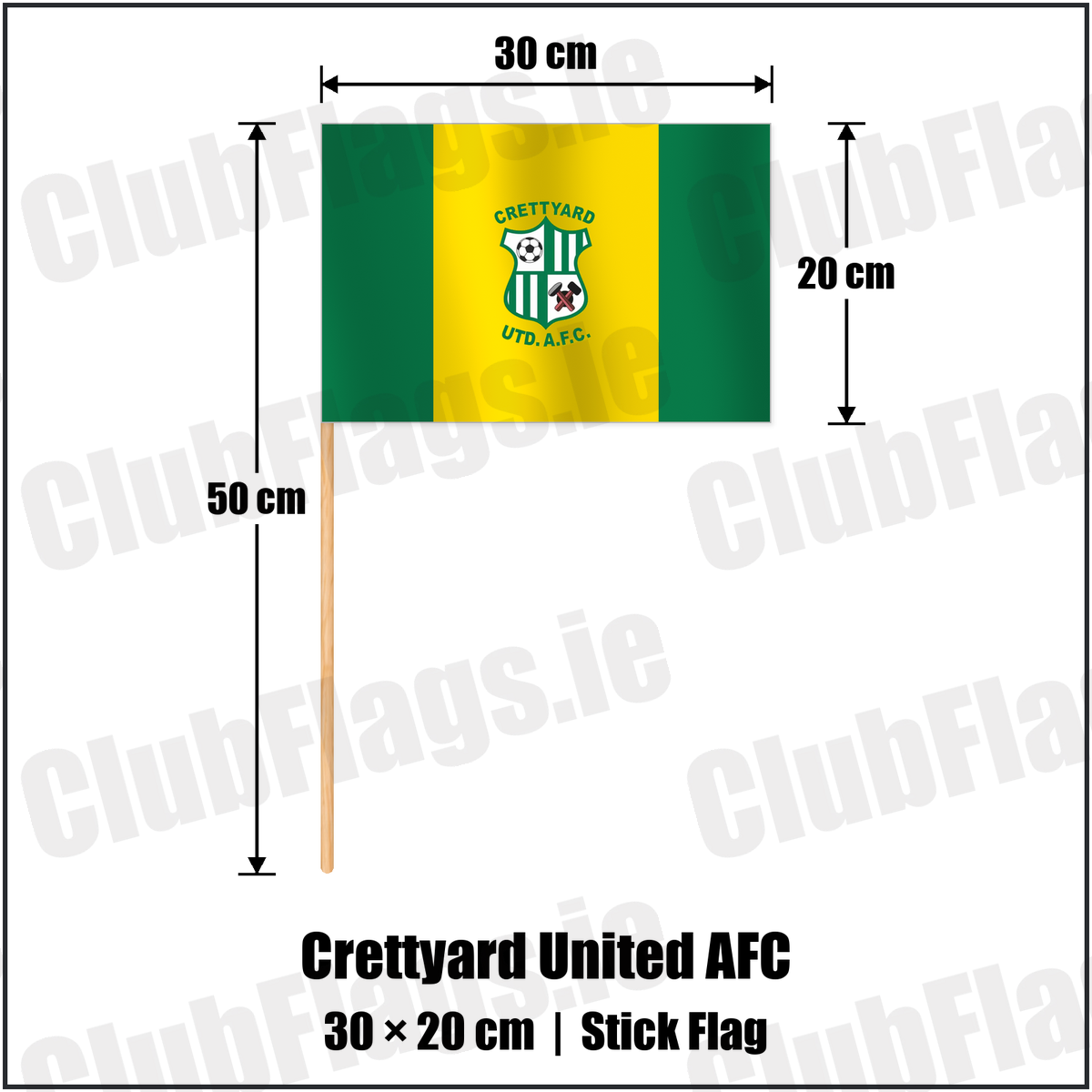 Crettyard United AFC 20cm x 30cm Stick Flag with the club crest and colours, Carlow football - ClubFlags.ie