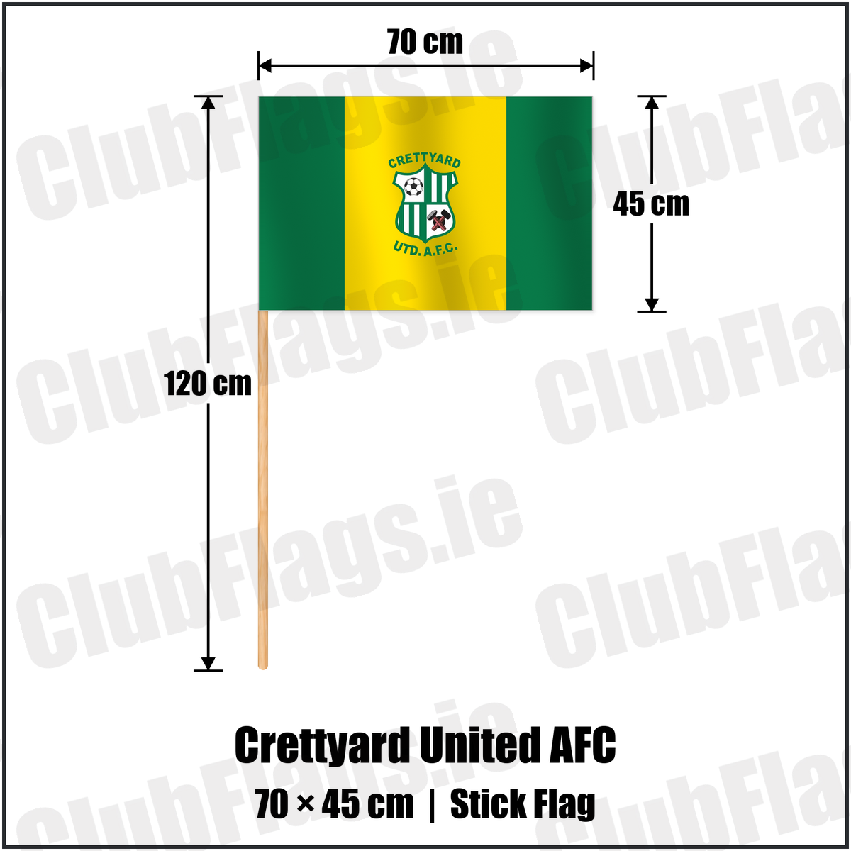 Crettyard United AFC 45cm x 70cm Stick Flag with the club crest and colours, Carlow football - ClubFlags.ie